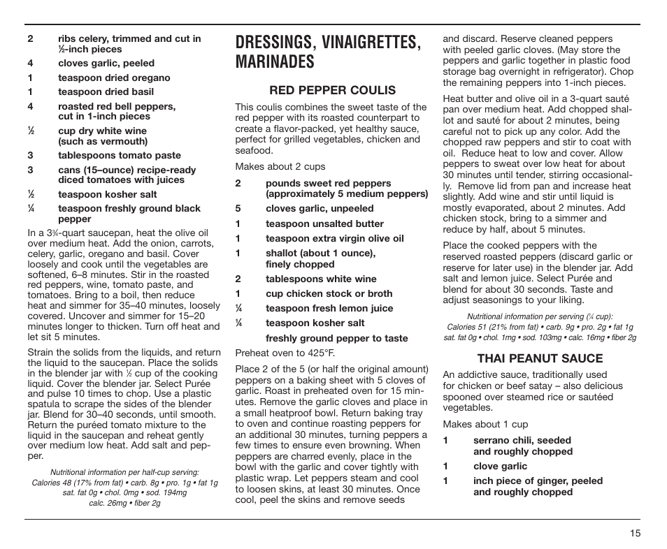 Dressings, vinaigrettes, marinades, Red pepper coulis, Thai peanut sauce | Cuisinart SPB-6SS User Manual | Page 15 / 21