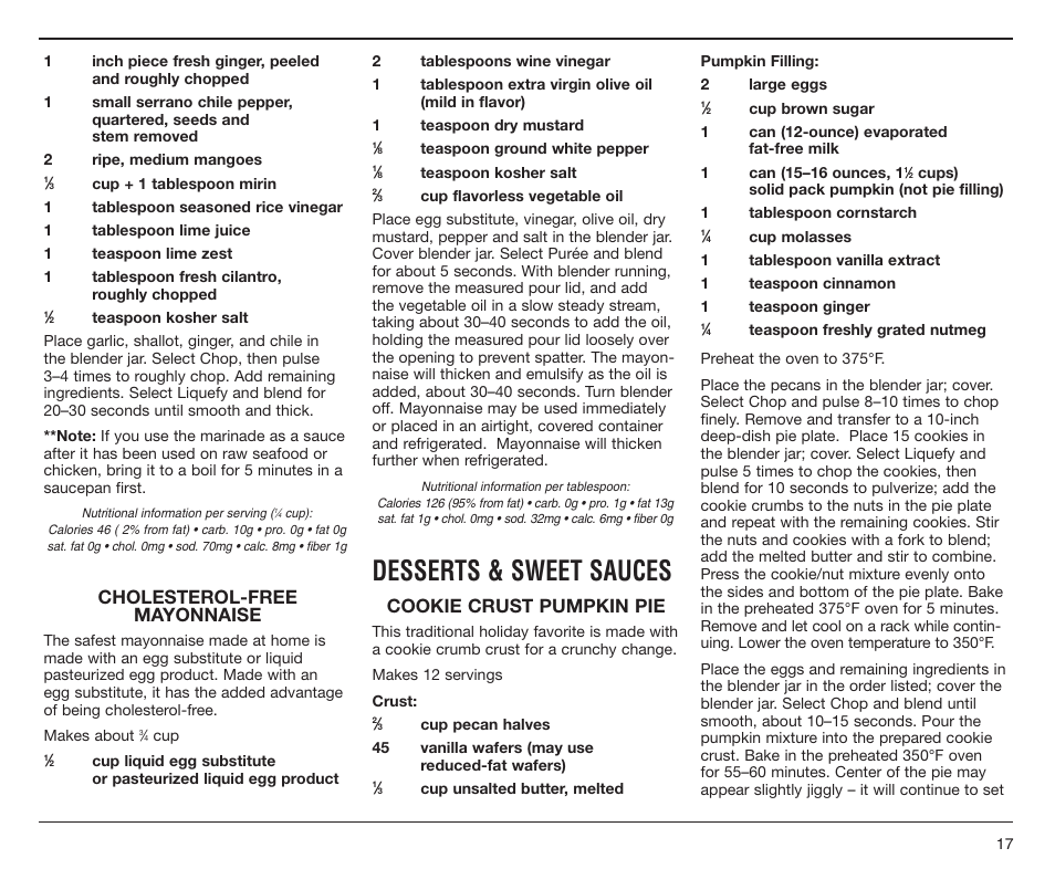 Desserts & sweet sauces, Cholesterol-free mayonnaise, Cookie crust pumpkin pie | Cuisinart SPB-6SS User Manual | Page 17 / 21