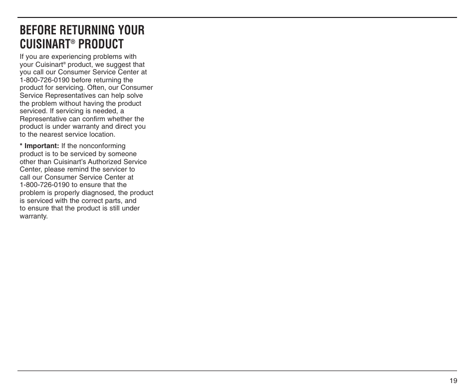 Before returning your cuisinart, Product | Cuisinart SPB-6SS User Manual | Page 19 / 21