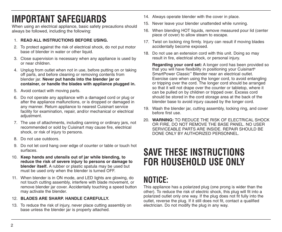 Important safeguards, Save these instructions for household use only, Notice | Cuisinart SPB-6SS User Manual | Page 2 / 21