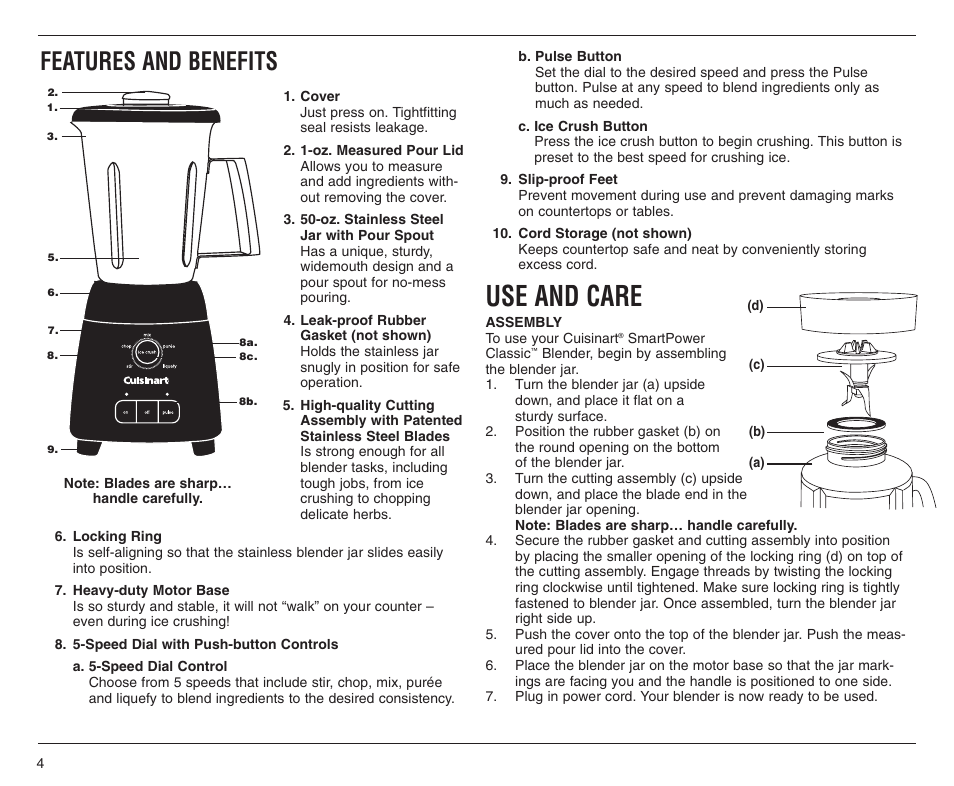 Use and care, Features and benefits | Cuisinart SPB-6SS User Manual | Page 4 / 21