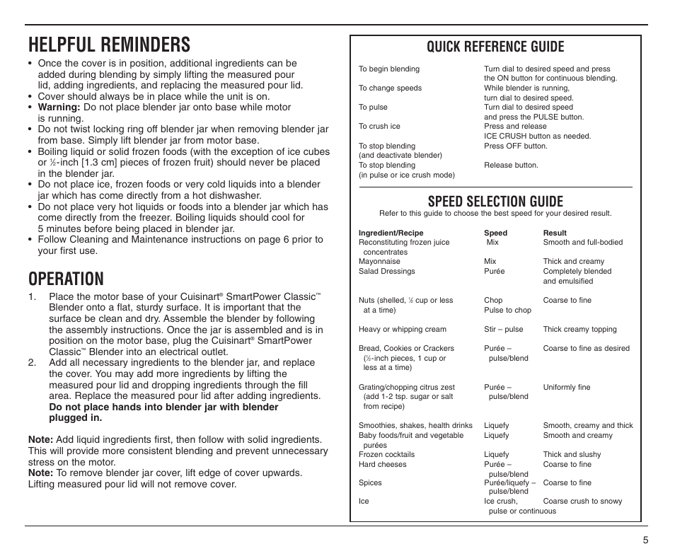 Helpful reminders, Operation, Quick reference guide | Speed selection guide | Cuisinart SPB-6SS User Manual | Page 5 / 21