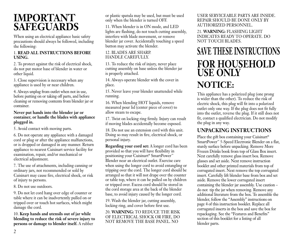 Important safeguards, Save these instructions for household use only, Notice | Cuisinart CB-9 User Manual | Page 2 / 21