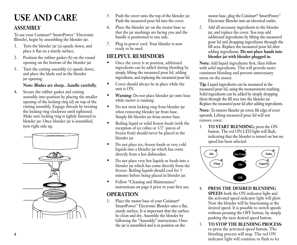 Use and care, Assembly, Helpful reminders | Operation | Cuisinart CB-9 User Manual | Page 4 / 21