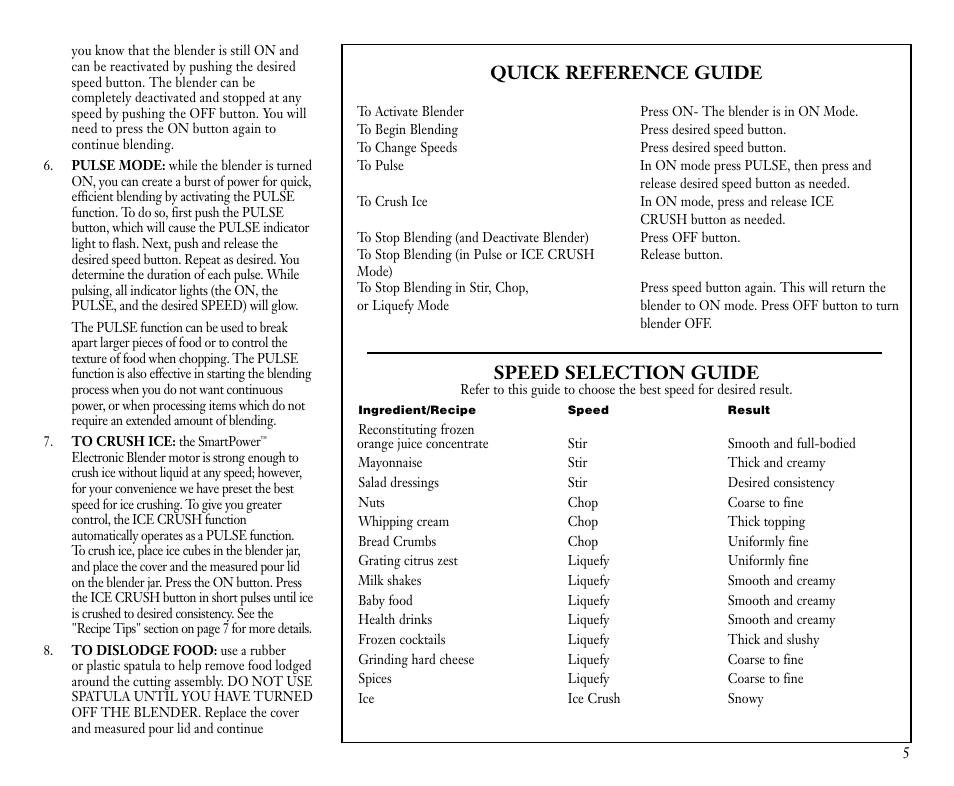 Quick reference guide, Speed selection guide | Cuisinart CB-9 User Manual | Page 5 / 21