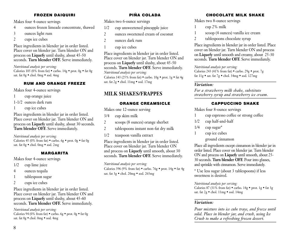 Milk shakes/frappes | Cuisinart CB-9 User Manual | Page 8 / 21