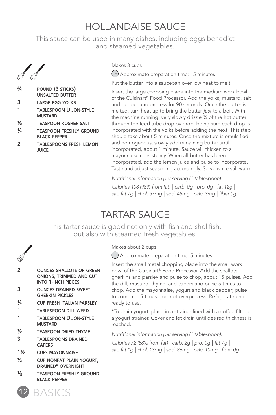 Basics, Hollandaise sauce, Tartar sauce | Cuisinart 14-CUP User Manual | Page 12 / 71
