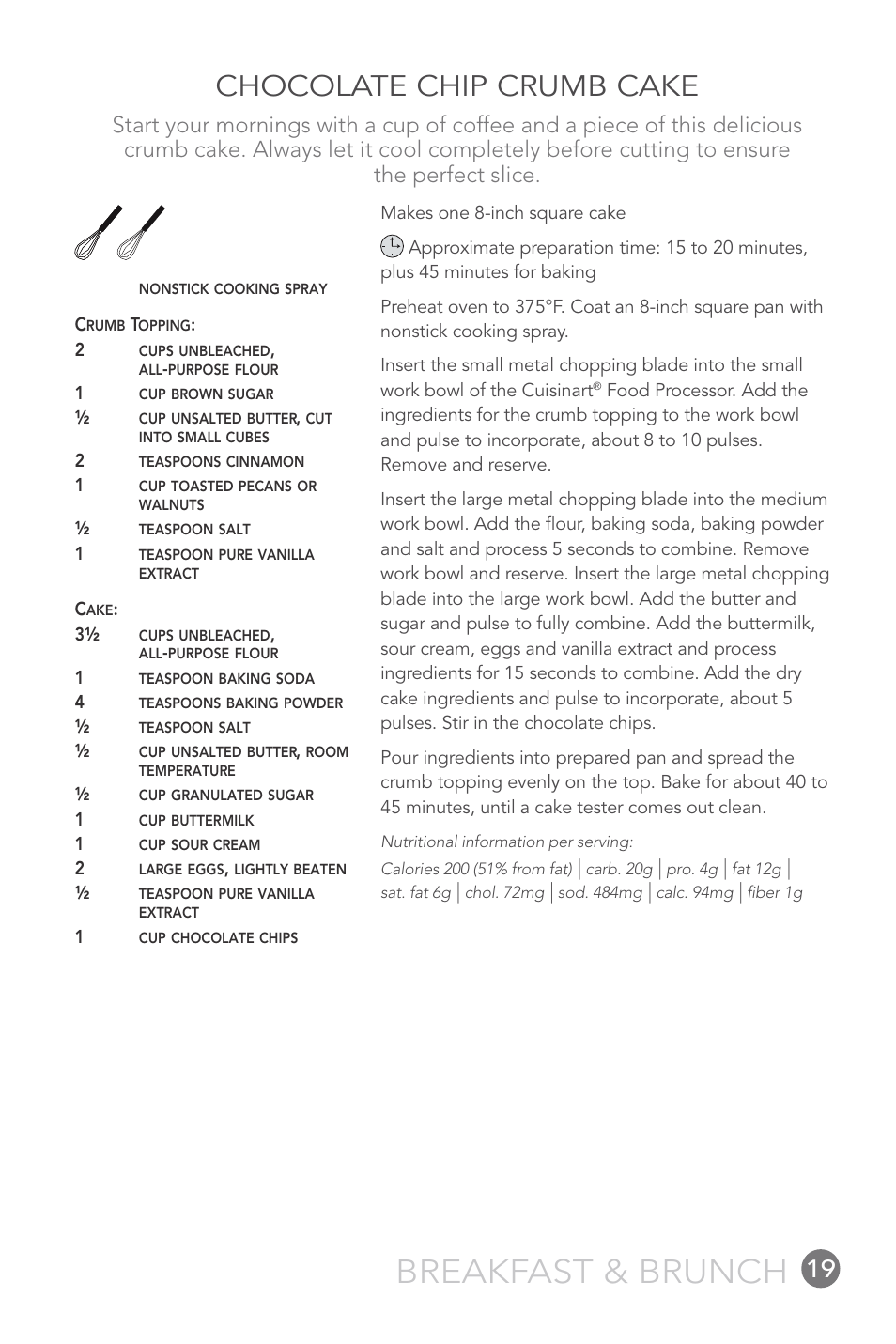 Breakfast & brunch, Chocolate chip crumb cake | Cuisinart 14-CUP User Manual | Page 19 / 71