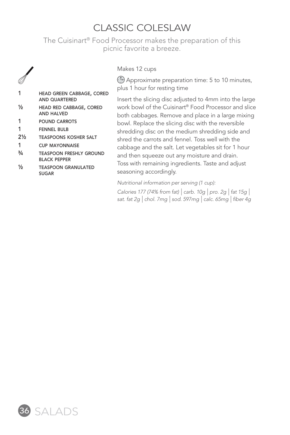 Salads, Classic coleslaw, The cuisinart | Cuisinart 14-CUP User Manual | Page 36 / 71