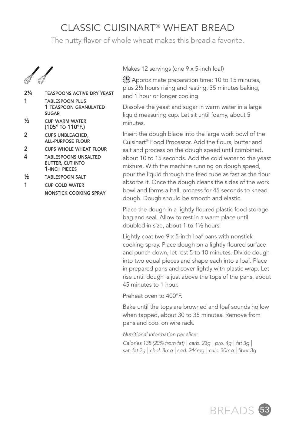 Breads, Classic cuisinart, Wheat bread | Cuisinart 14-CUP User Manual | Page 53 / 71