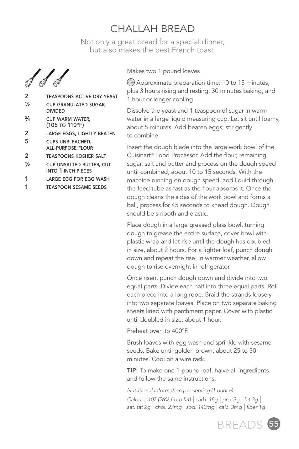 Breads, Challah bread | Cuisinart 14-CUP User Manual | Page 55 / 71