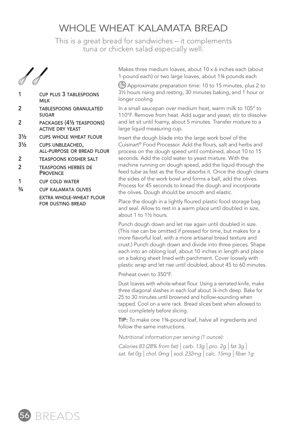 Breads, Whole wheat kalamata bread | Cuisinart 14-CUP User Manual | Page 56 / 71