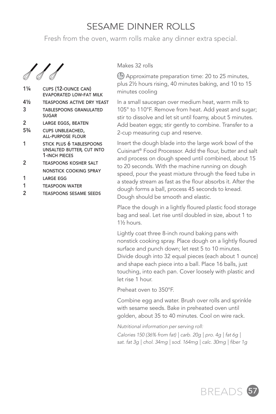 Breads, Sesame dinner rolls | Cuisinart 14-CUP User Manual | Page 57 / 71