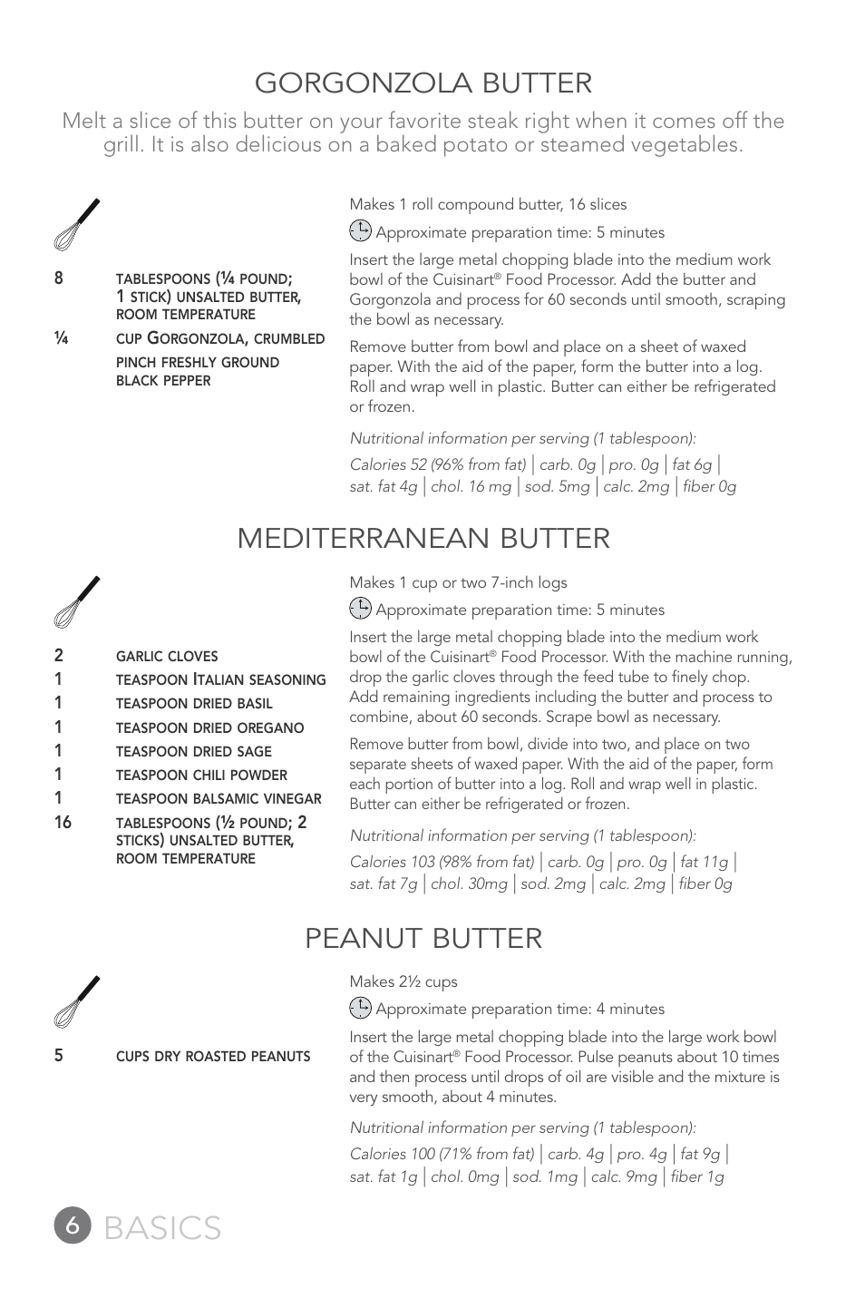 Basics, Gorgonzola butter, Mediterranean butter | Peanut butter | Cuisinart 14-CUP User Manual | Page 6 / 71