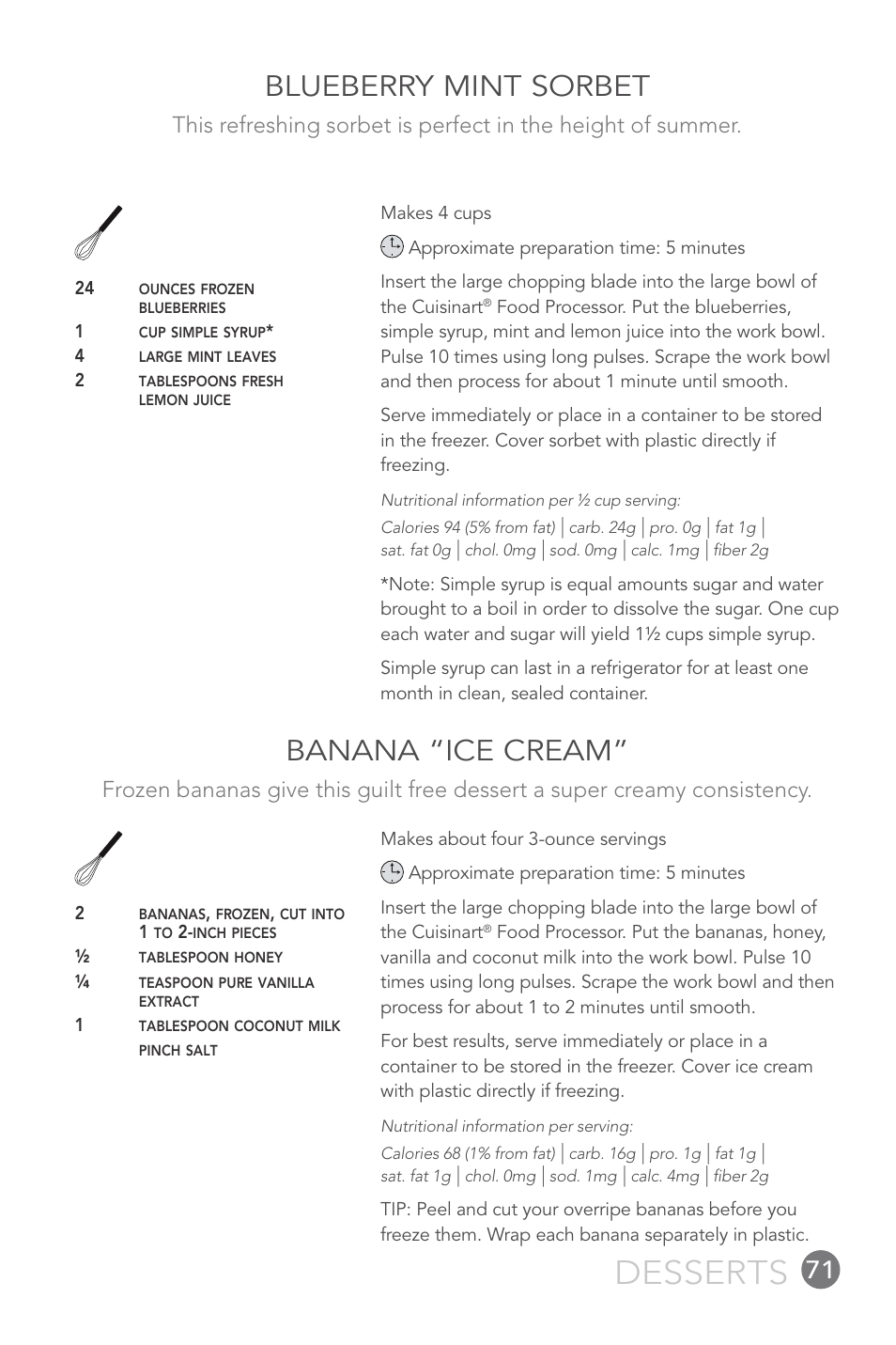Desserts, Blueberry mint sorbet, Banana “ice cream | Cuisinart 14-CUP User Manual | Page 71 / 71