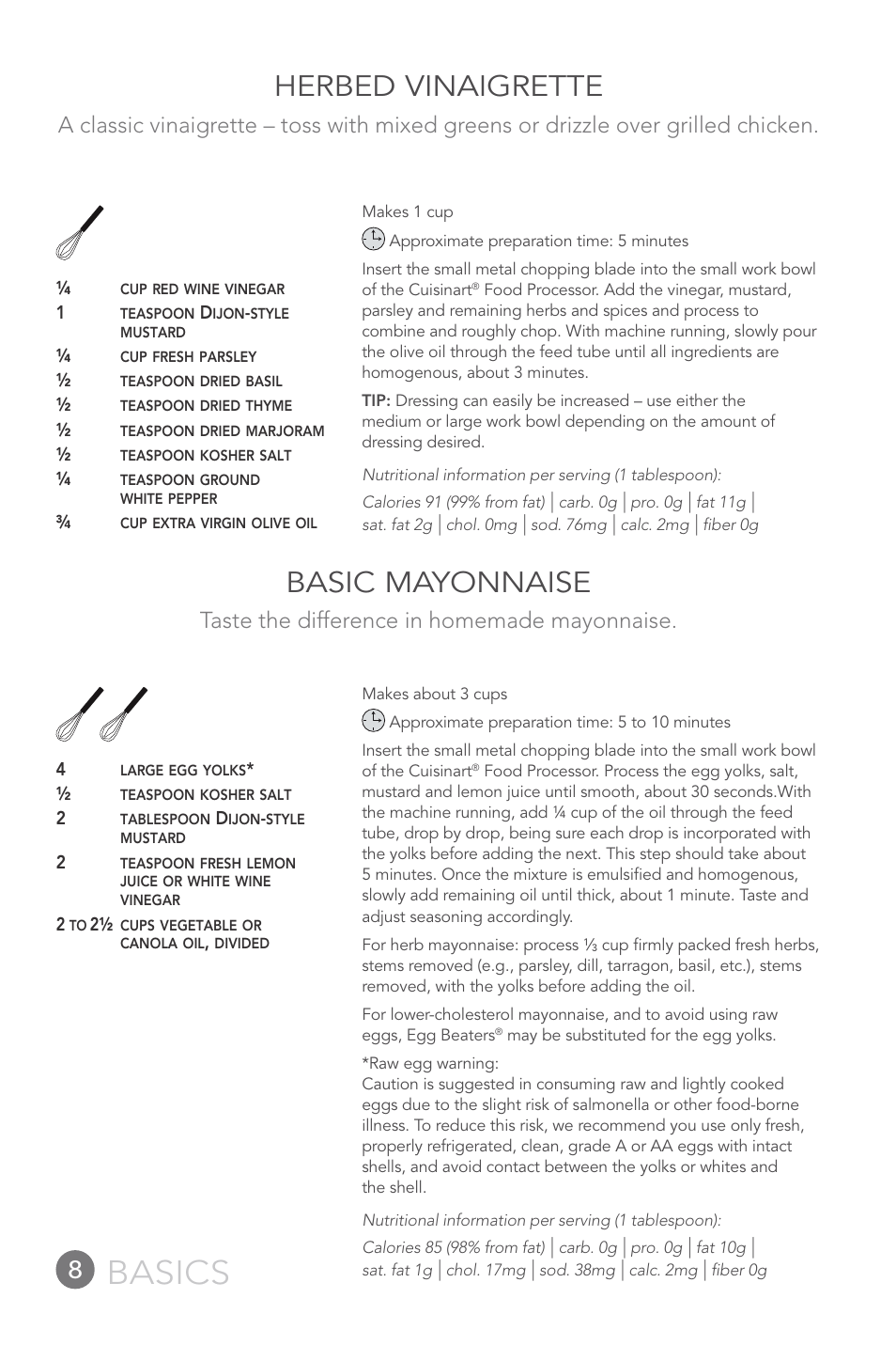 Basics, Herbed vinaigrette, Basic mayonnaise | Taste the difference in homemade mayonnaise | Cuisinart 14-CUP User Manual | Page 8 / 71