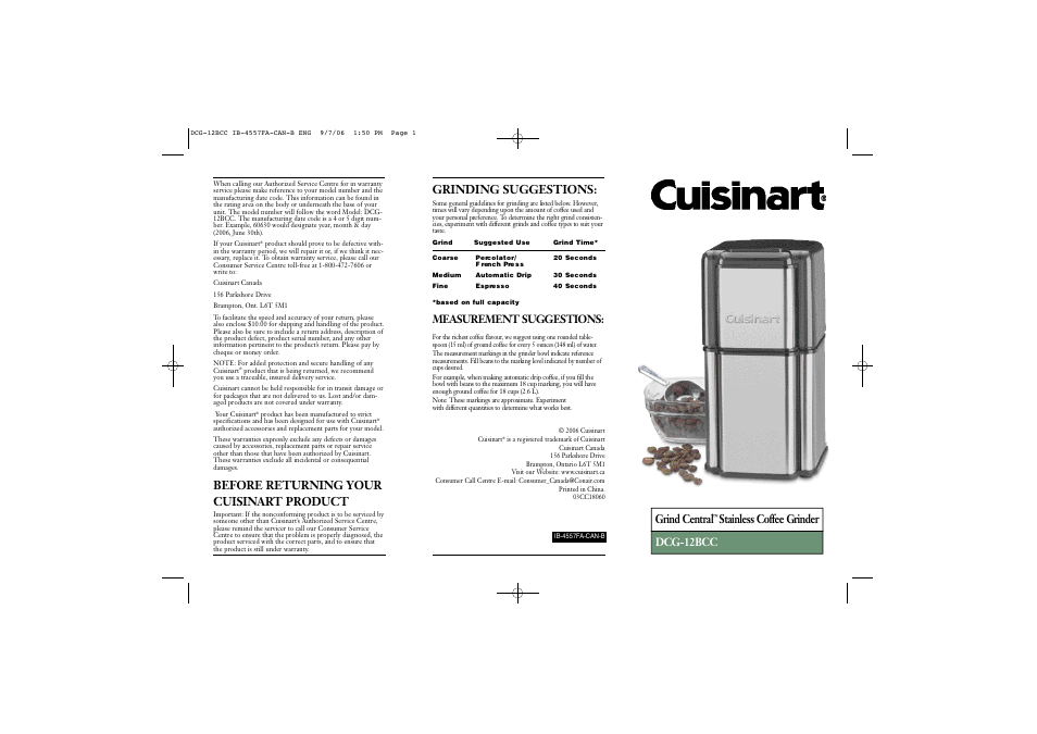 Cuisinart DCG-12BCC User Manual | 2 pages