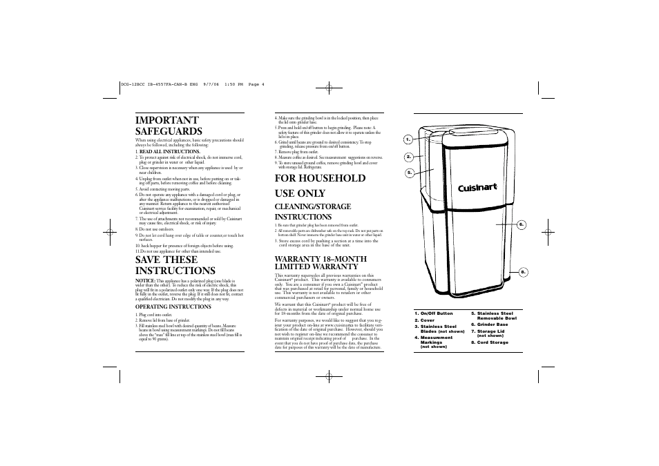 For household use only, Important safeguards, Save these instructions | Warranty 18–month limited warranty | Cuisinart DCG-12BCC User Manual | Page 2 / 2