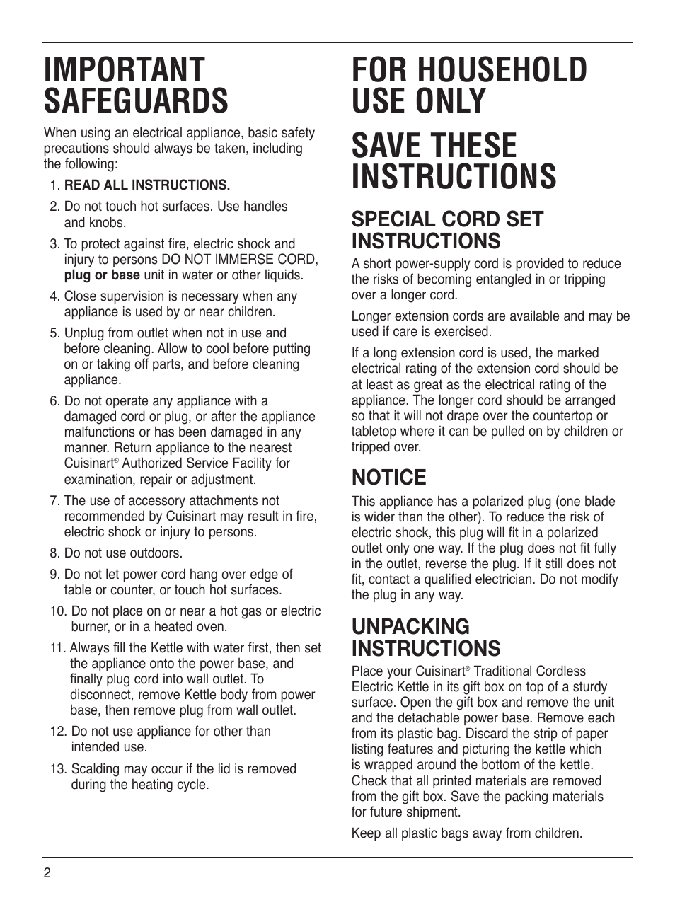 Important safeguards, For household use only save these instructions, Special cord set instructions | Notice, Unpacking instructions | Cuisinart RK-17 User Manual | Page 2 / 9