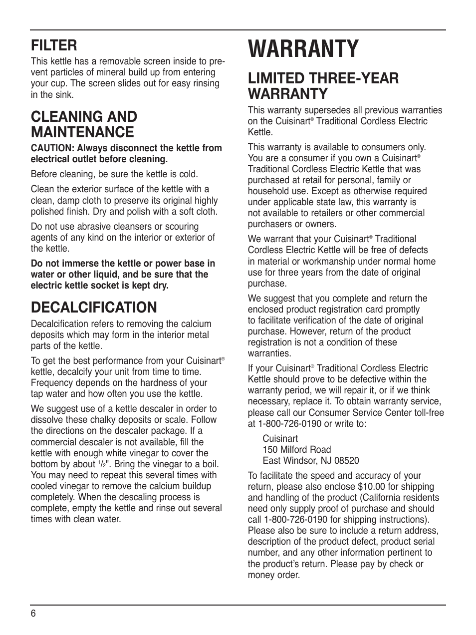 Warranty, Filter, Cleaning and maintenance | Decalcification, Limited three-year warranty | Cuisinart RK-17 User Manual | Page 6 / 9