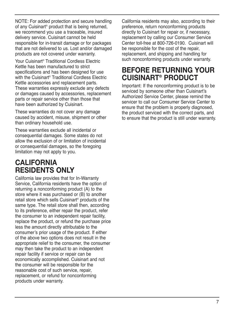 California residents only, Before returning your cuisinart, Product | Cuisinart RK-17 User Manual | Page 7 / 9
