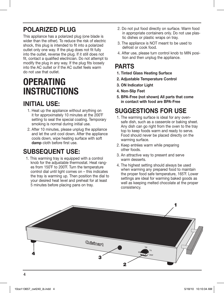 Operating instructions, Polarized plug, Initial use | Subsequent use, Parts, Suggestions for use | Cuisinart CWT-240 User Manual | Page 4 / 8