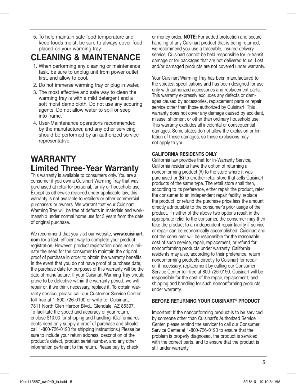 Cleaning & maintenance, Warranty limited three-year warranty | Cuisinart CWT-240 User Manual | Page 5 / 8