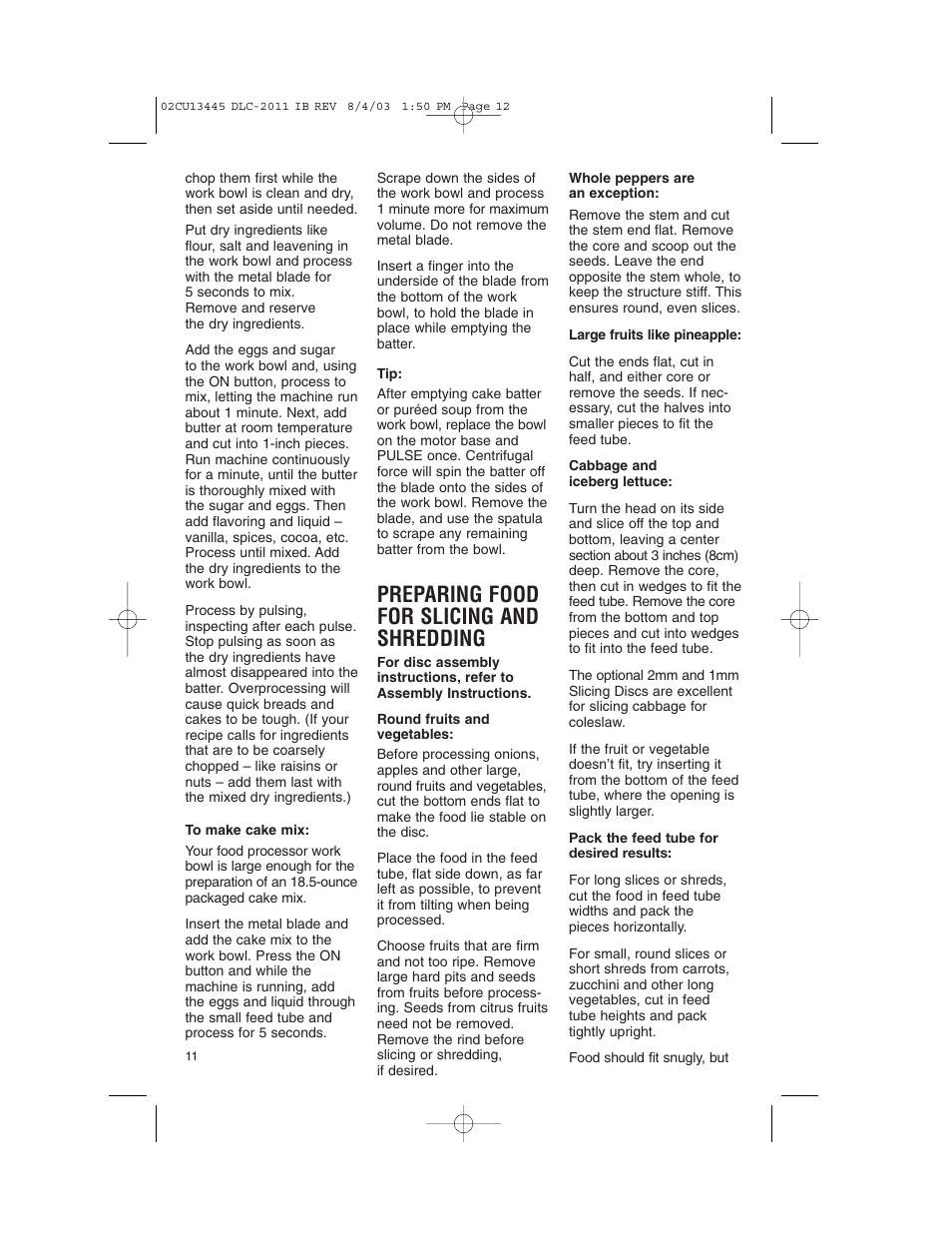 Preparing food for slicing and shredding | Cuisinart DLC-2011C User Manual | Page 12 / 68