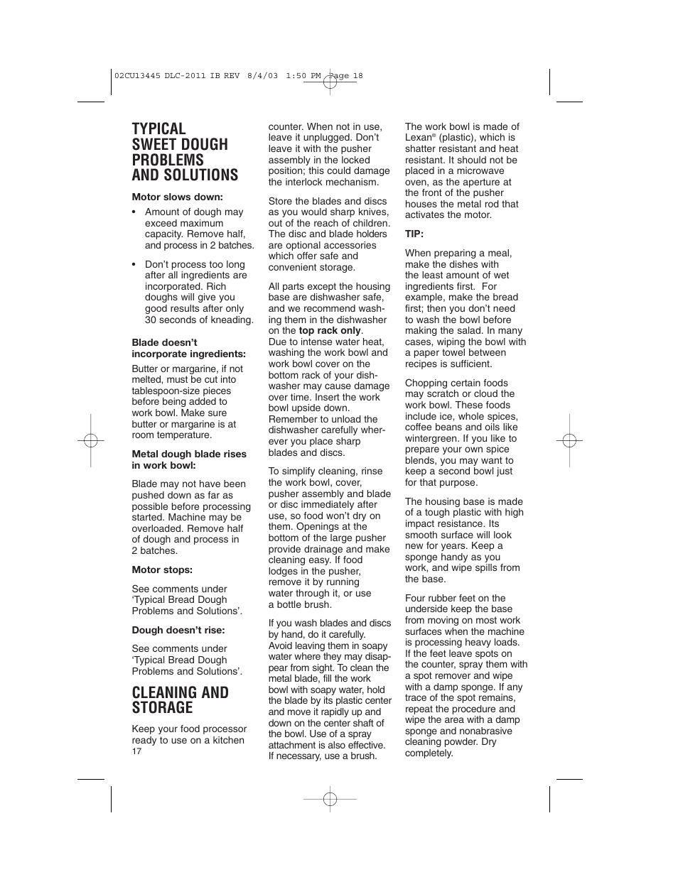 Typical sweet dough problems and solutions, Cleaning and storage | Cuisinart DLC-2011C User Manual | Page 18 / 68