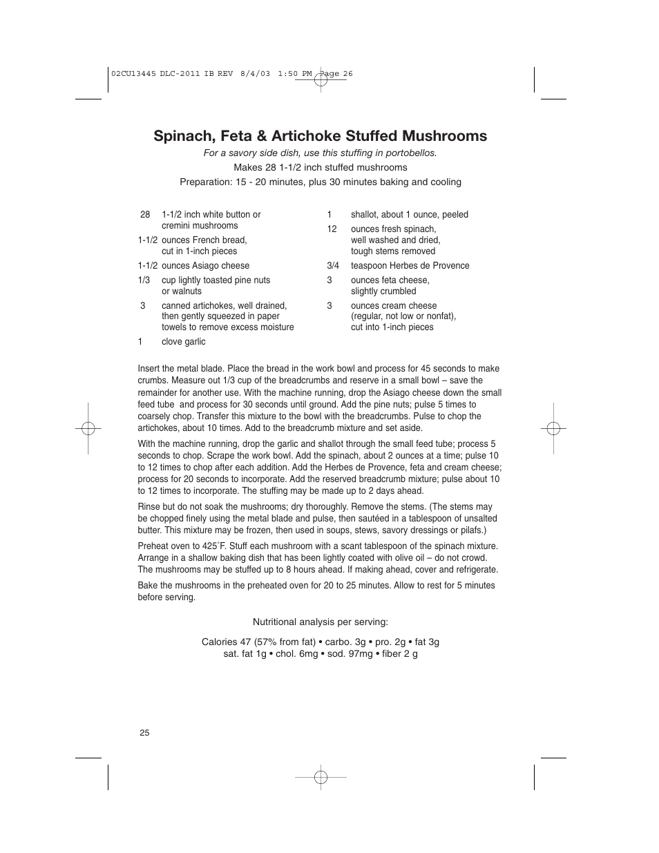 Spinach, feta & artichoke stuffed mushrooms | Cuisinart DLC-2011C User Manual | Page 26 / 68