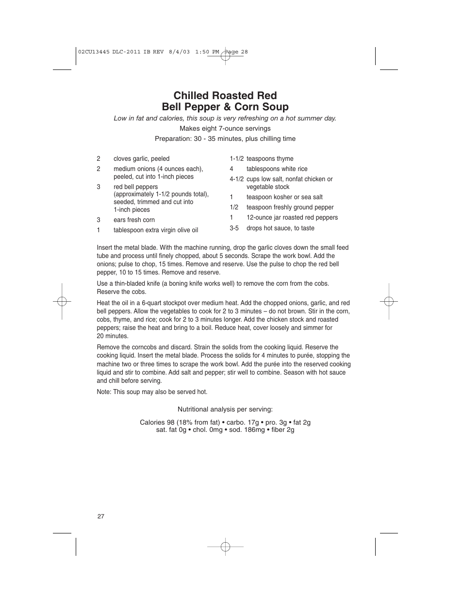 Chilled roasted red bell pepper & corn soup | Cuisinart DLC-2011C User Manual | Page 28 / 68