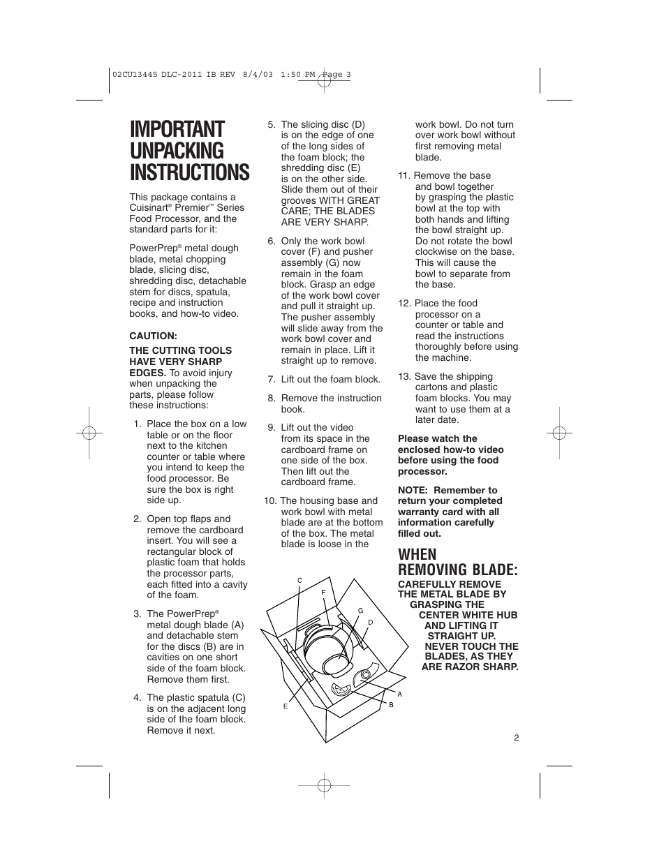 Important unpacking instructions, When removing blade | Cuisinart DLC-2011C User Manual | Page 3 / 68