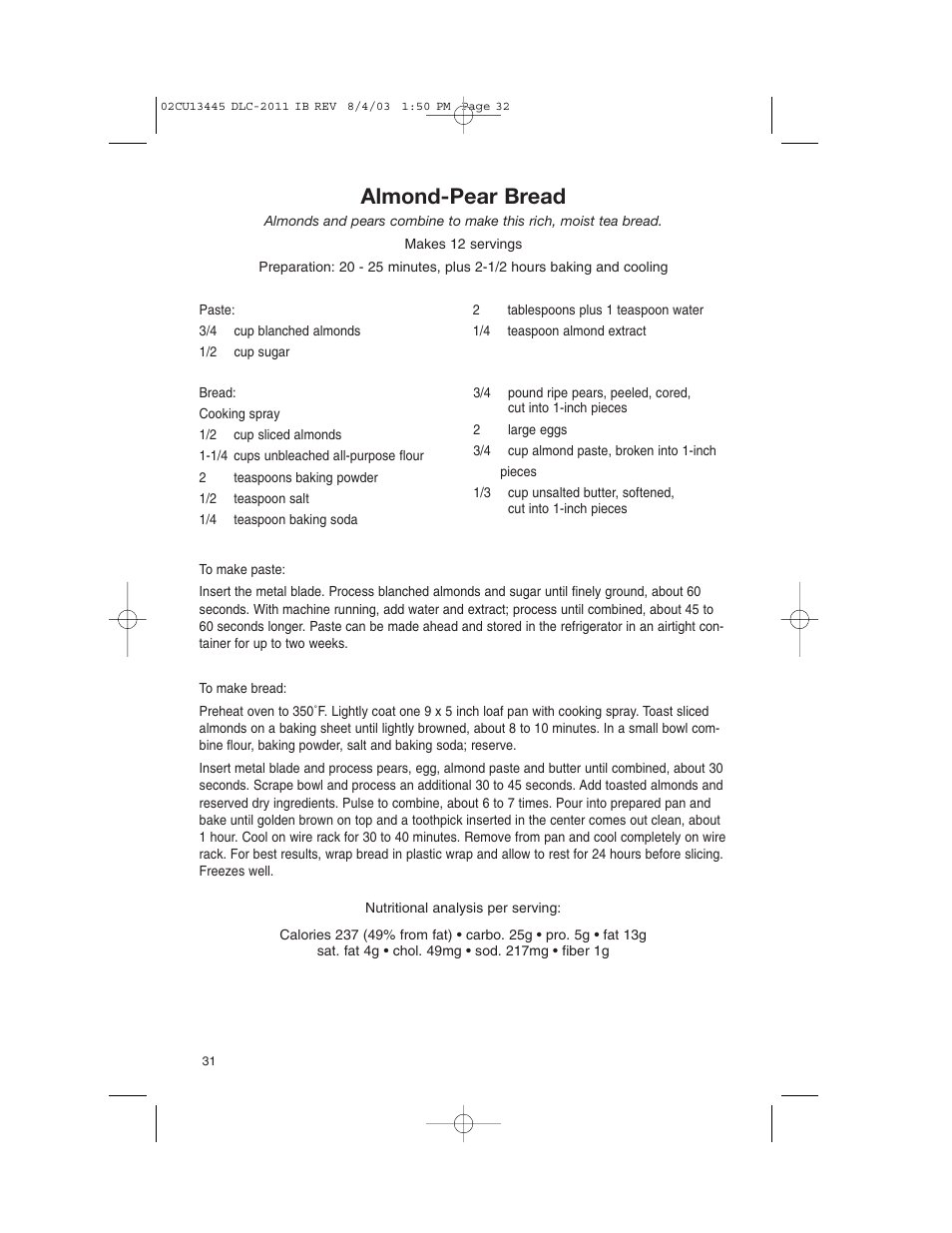 Almond-pear bread | Cuisinart DLC-2011C User Manual | Page 32 / 68