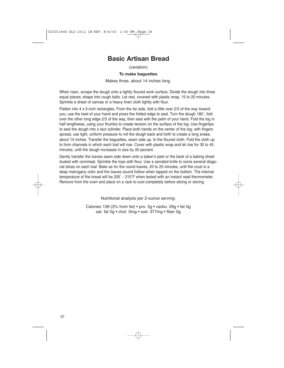 Basic artisan bread | Cuisinart DLC-2011C User Manual | Page 38 / 68