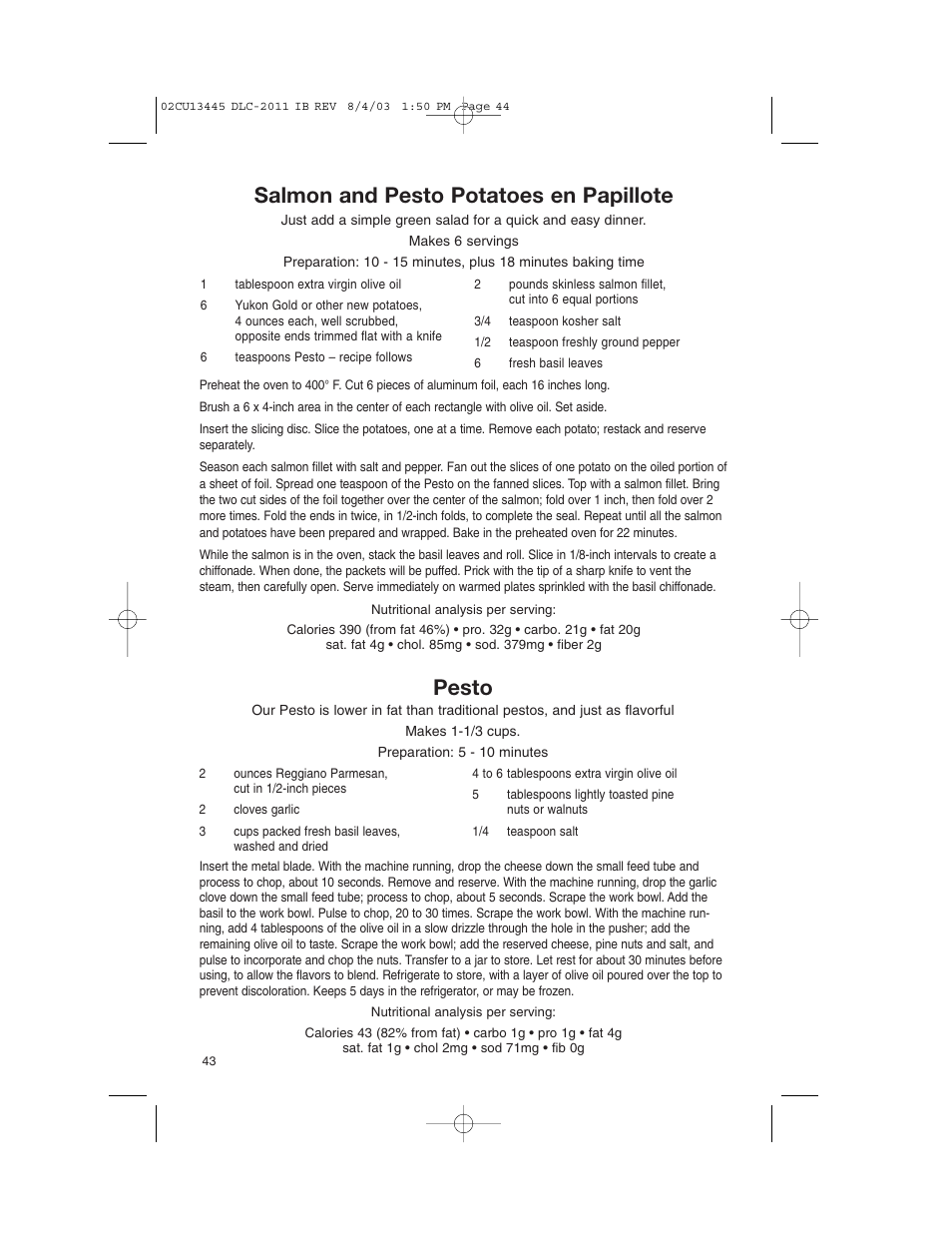 Salmon and pesto potatoes en papillote, Pesto | Cuisinart DLC-2011C User Manual | Page 44 / 68