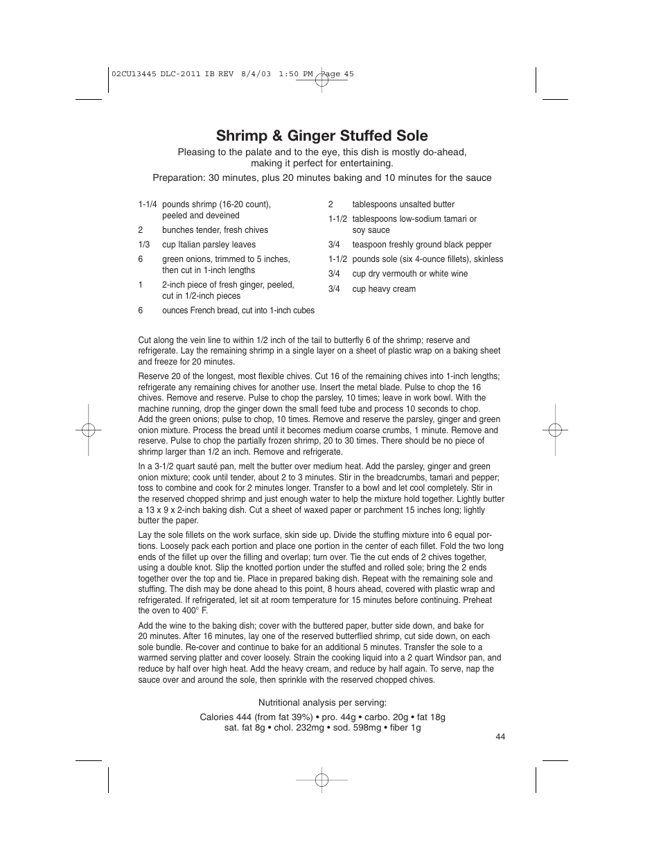 Shrimp & ginger stuffed sole | Cuisinart DLC-2011C User Manual | Page 45 / 68