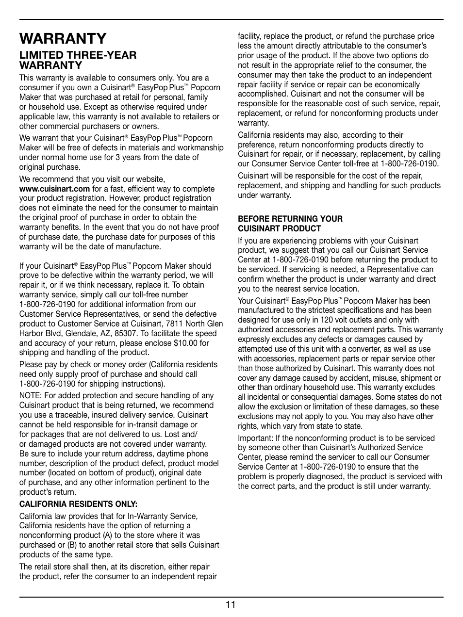 Warranty, Limited three-year warranty | Cuisinart EASY POP PLUS CPM-950 User Manual | Page 11 / 12