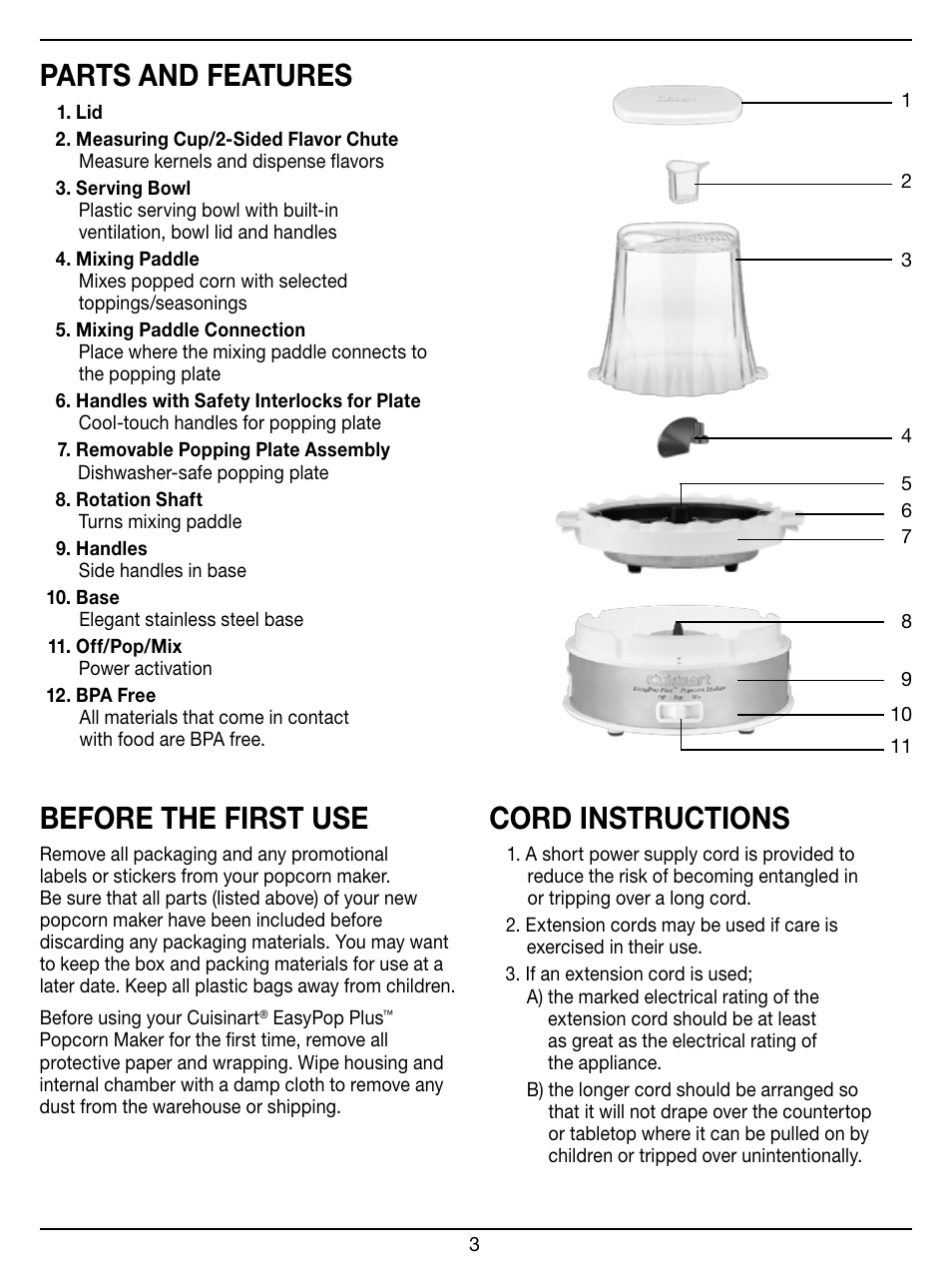 Parts and features, Before the first use, Cord instructions | Cuisinart EASY POP PLUS CPM-950 User Manual | Page 3 / 12