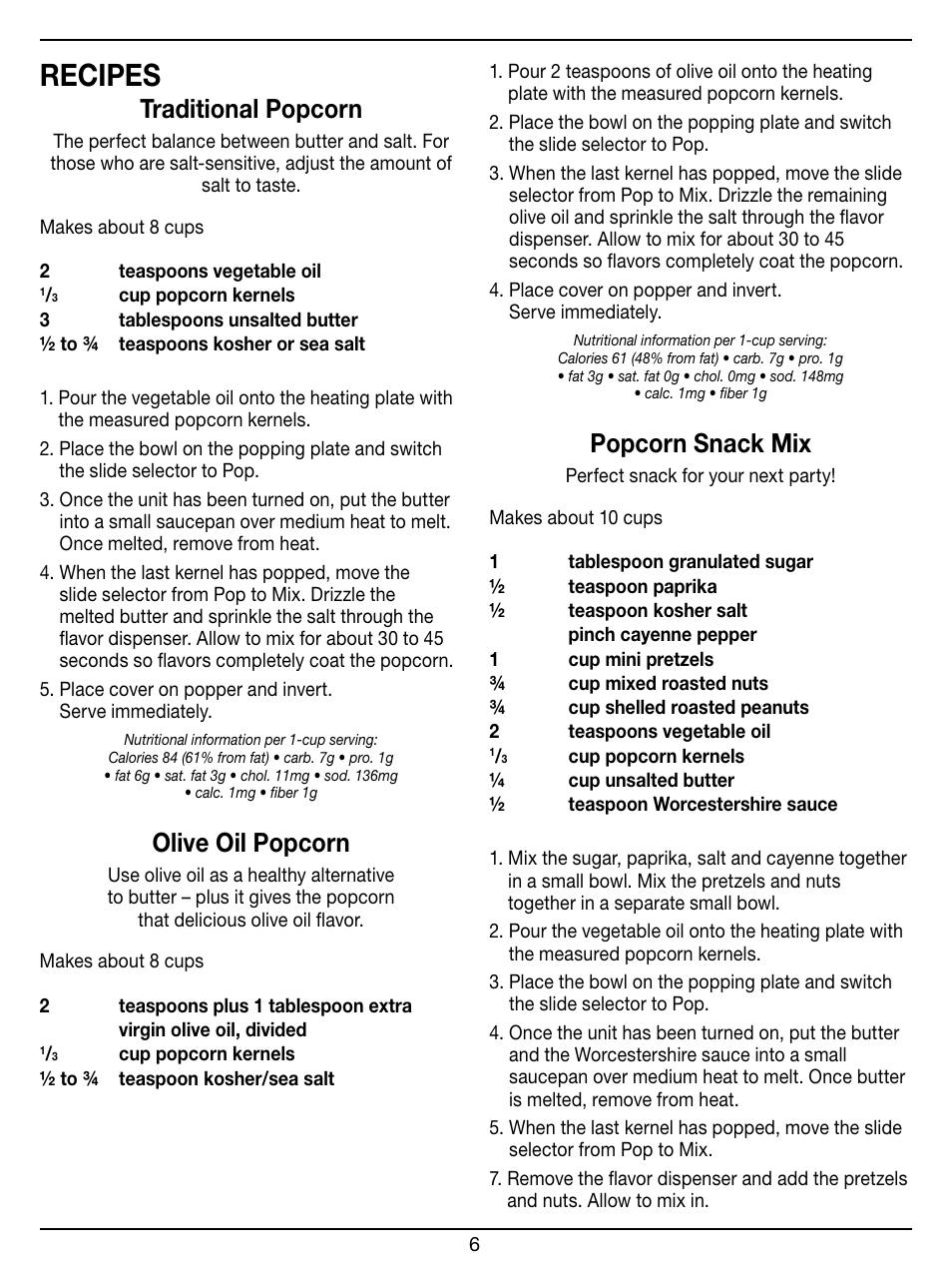 Recipes, Traditional popcorn, Olive oil popcorn | Popcorn snack mix | Cuisinart EASY POP PLUS CPM-950 User Manual | Page 6 / 12