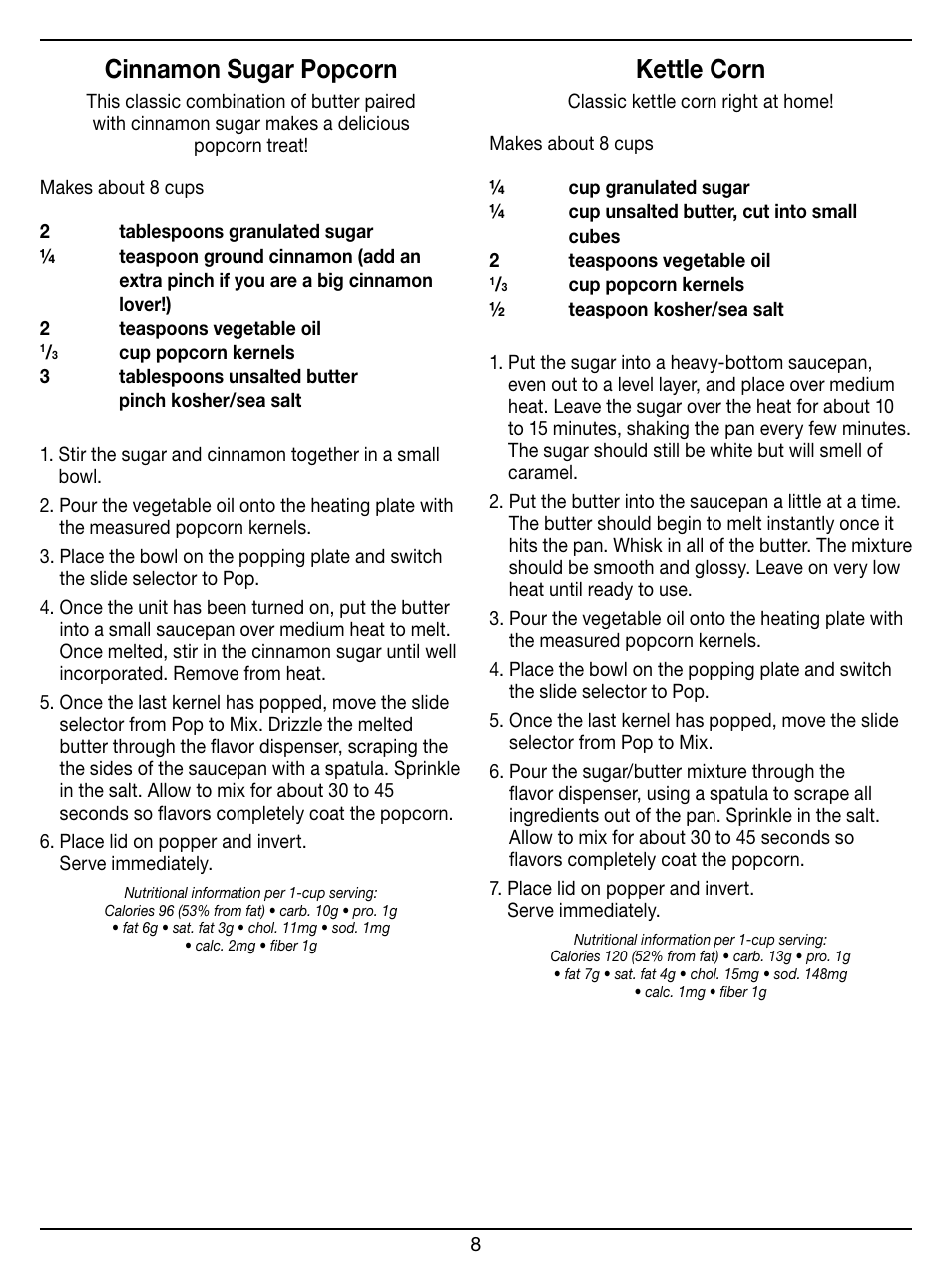 Cinnamon sugar popcorn, Kettle corn | Cuisinart EASY POP PLUS CPM-950 User Manual | Page 8 / 12