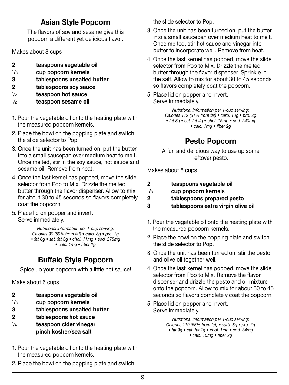 Asian style popcorn, Buffalo style popcorn, Pesto popcorn | Cuisinart EASY POP PLUS CPM-950 User Manual | Page 9 / 12