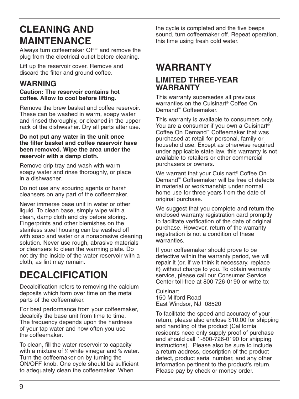 Cleaning and maintenance, Decalcification, Warranty | Warning, Limited three-year warranty | Cuisinart DCC-2000 Series User Manual | Page 10 / 13