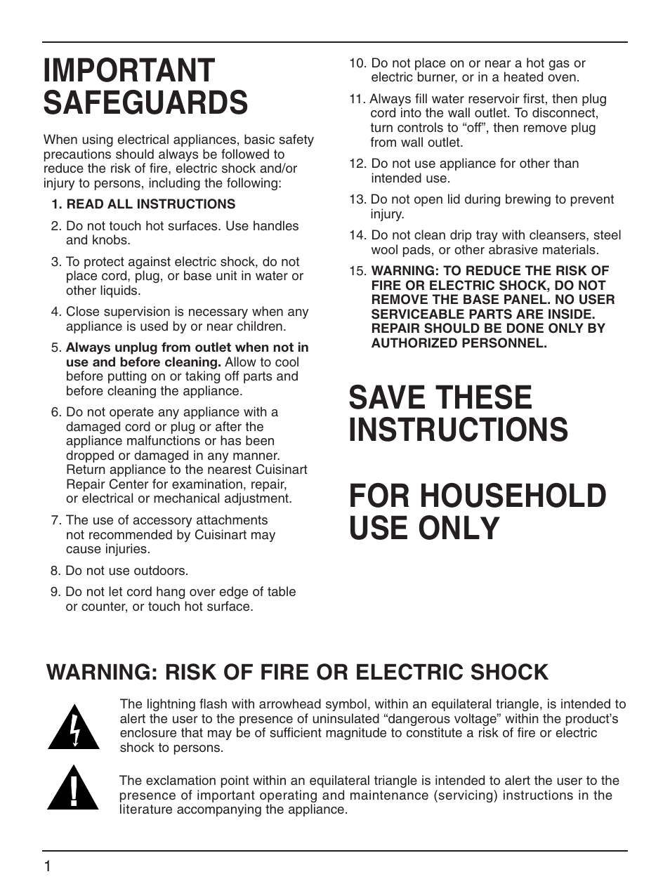 Important safeguards, Save these instructions for household use onl, Warning: risk of fire or electric shock | Cuisinart DCC-2000 Series User Manual | Page 2 / 13