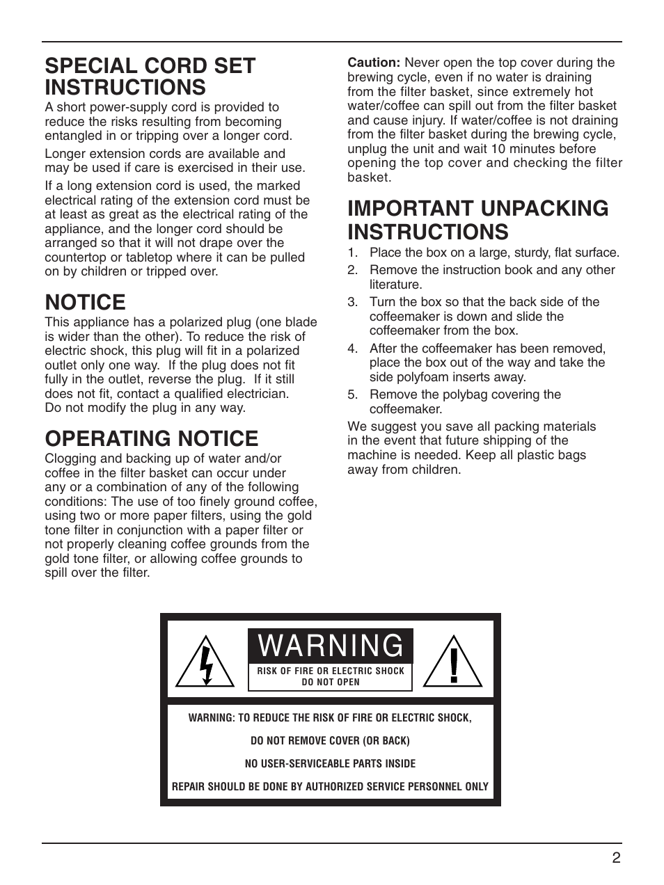 Warning, Special cord set instructions, Notice | Operating notice, Important unpacking instructions | Cuisinart DCC-2000 Series User Manual | Page 3 / 13