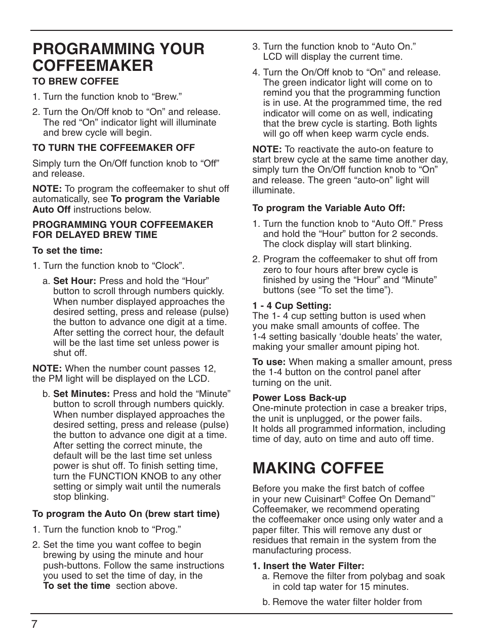 Programming your coffeemaker, Making coffee | Cuisinart DCC-2000 Series User Manual | Page 8 / 13