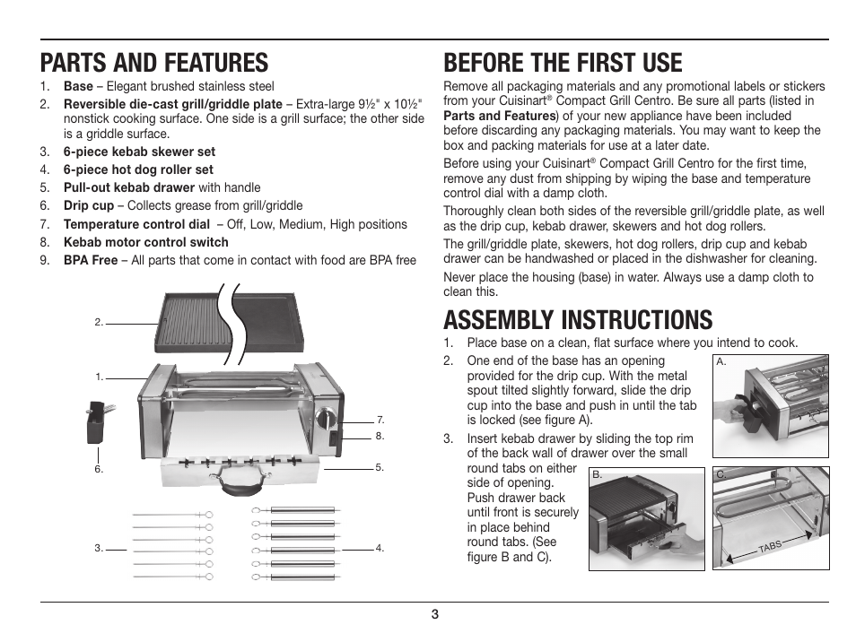 Parts and features, Before the first use, Assembly instructions | Cuisinart COMPACT GRILL GC-15 User Manual | Page 3 / 7