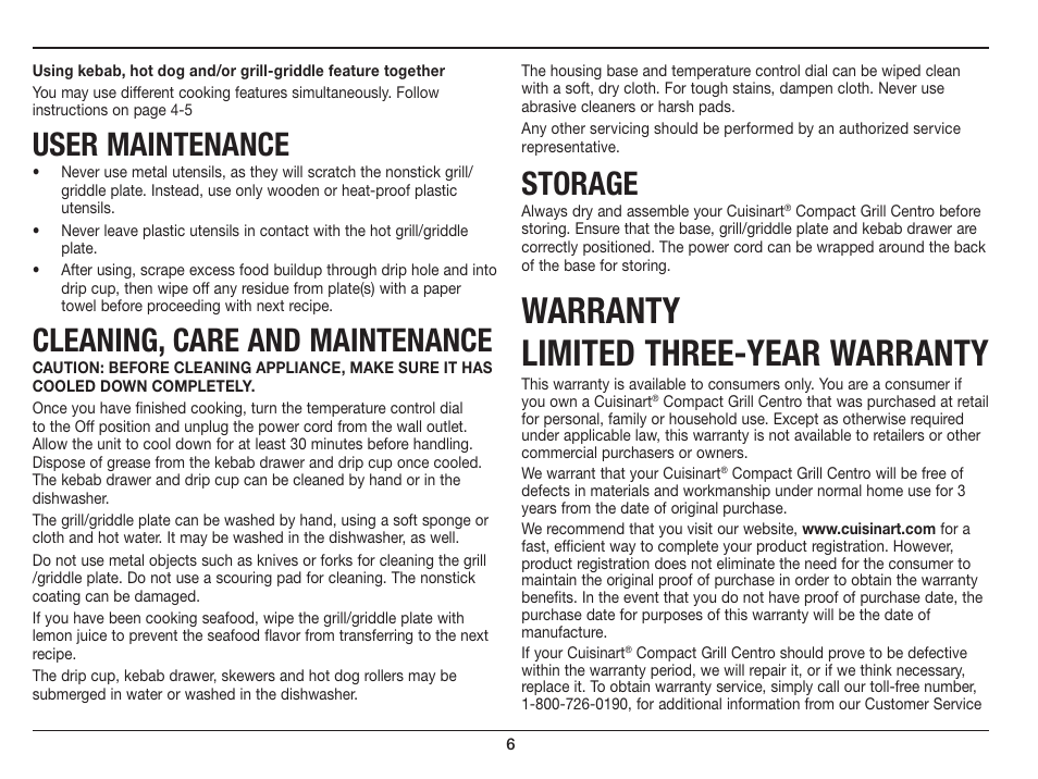 Warranty limited three-year warranty, User maintenance, Cleaning, care and maintenance | Storage | Cuisinart COMPACT GRILL GC-15 User Manual | Page 6 / 7