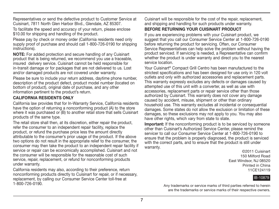 Cuisinart COMPACT GRILL GC-15 User Manual | Page 7 / 7