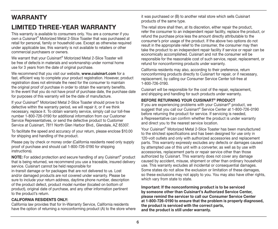 Warranty limited three-year warranty | Cuisinart CPT-420 User Manual | Page 6 / 9