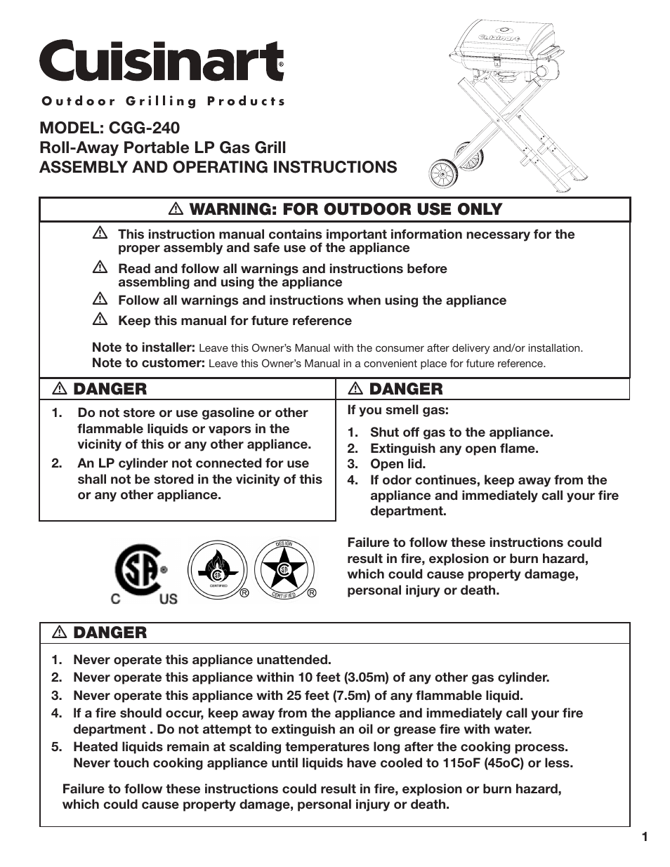 Cuisinart Roll-Away Portable LP Gas Grill CGG-240 User Manual | 9 pages